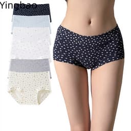 Yingbao 5 Chiếc Cotton Boxer Ngắn Eo Cao Quần Lót Nữ Boyshort Quần Lót Bảo Vệ Toàn Diện Co Giãn In Hoa Kẻ Sọc Quần Lót Plus Kích Thước 1