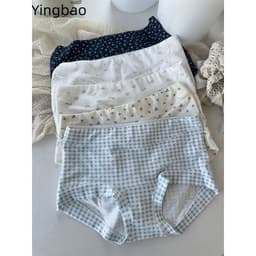 Yingbao 5 Chiếc Cotton Boxer Ngắn Eo Cao Quần Lót Nữ Boyshort Quần Lót Bảo Vệ Toàn Diện Co Giãn In Hoa Kẻ Sọc Quần Lót Plus Kích Thước 2