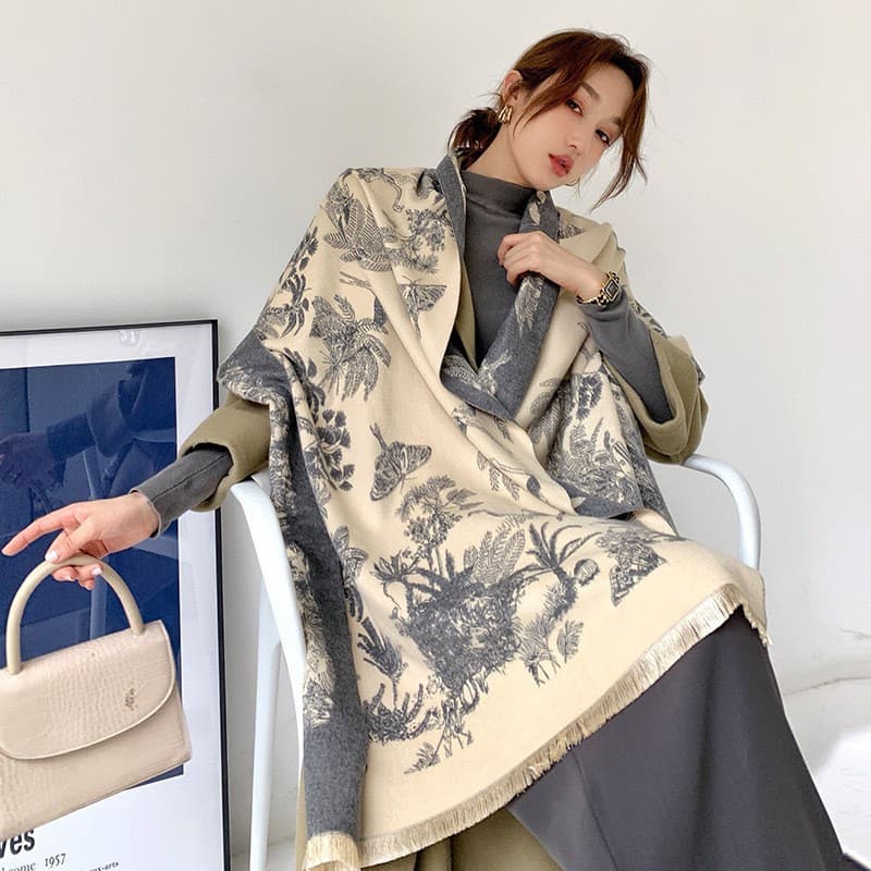 Khăn Choàng Len Dạ Họa Tiết Hoa Giữ Ấm Thời Trang Mùa Thu Đông Size 65x180cm