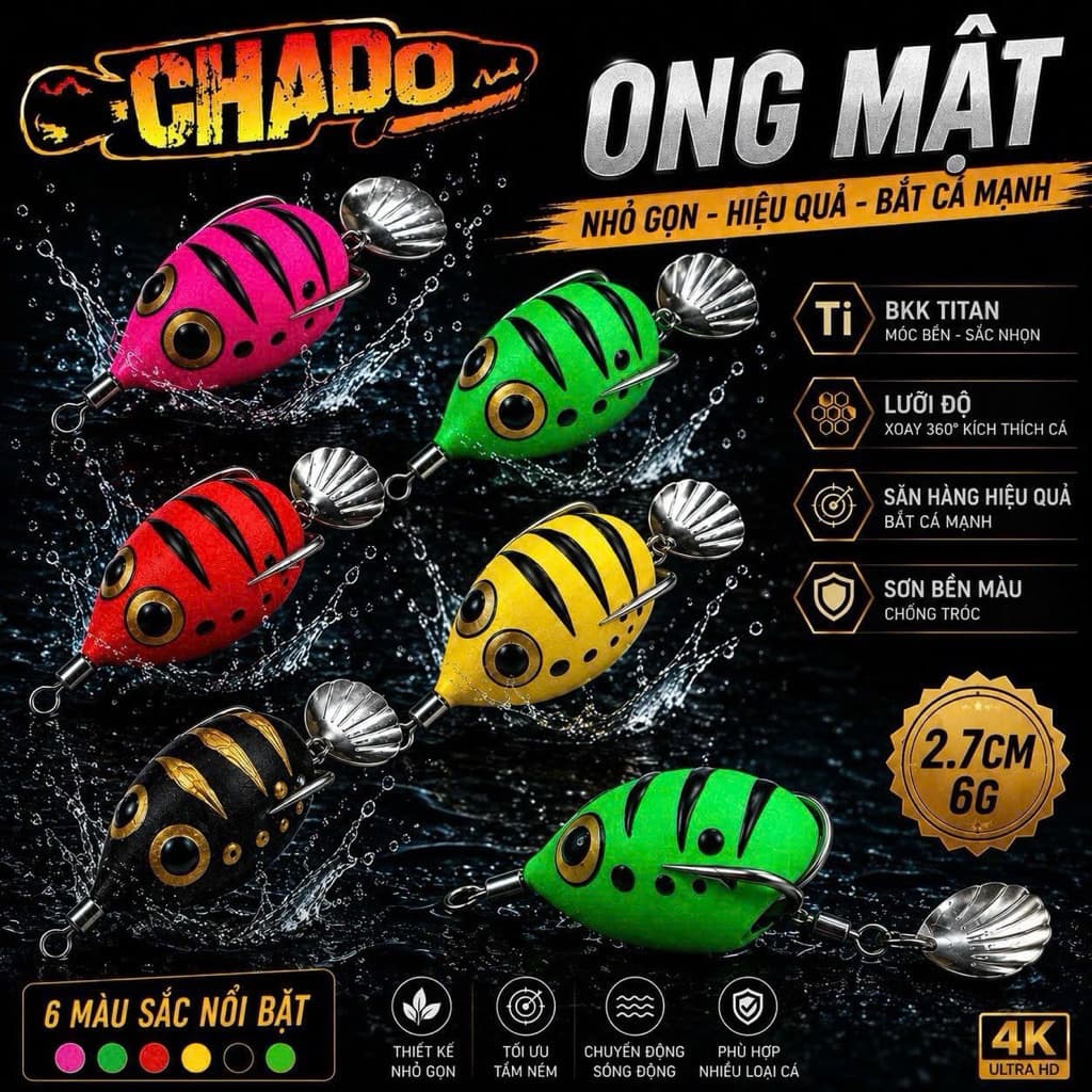 Nhái hơi câu lure CHADO ONG MẬT lưỡi titan body phù hợp câu nhiều loại cá
