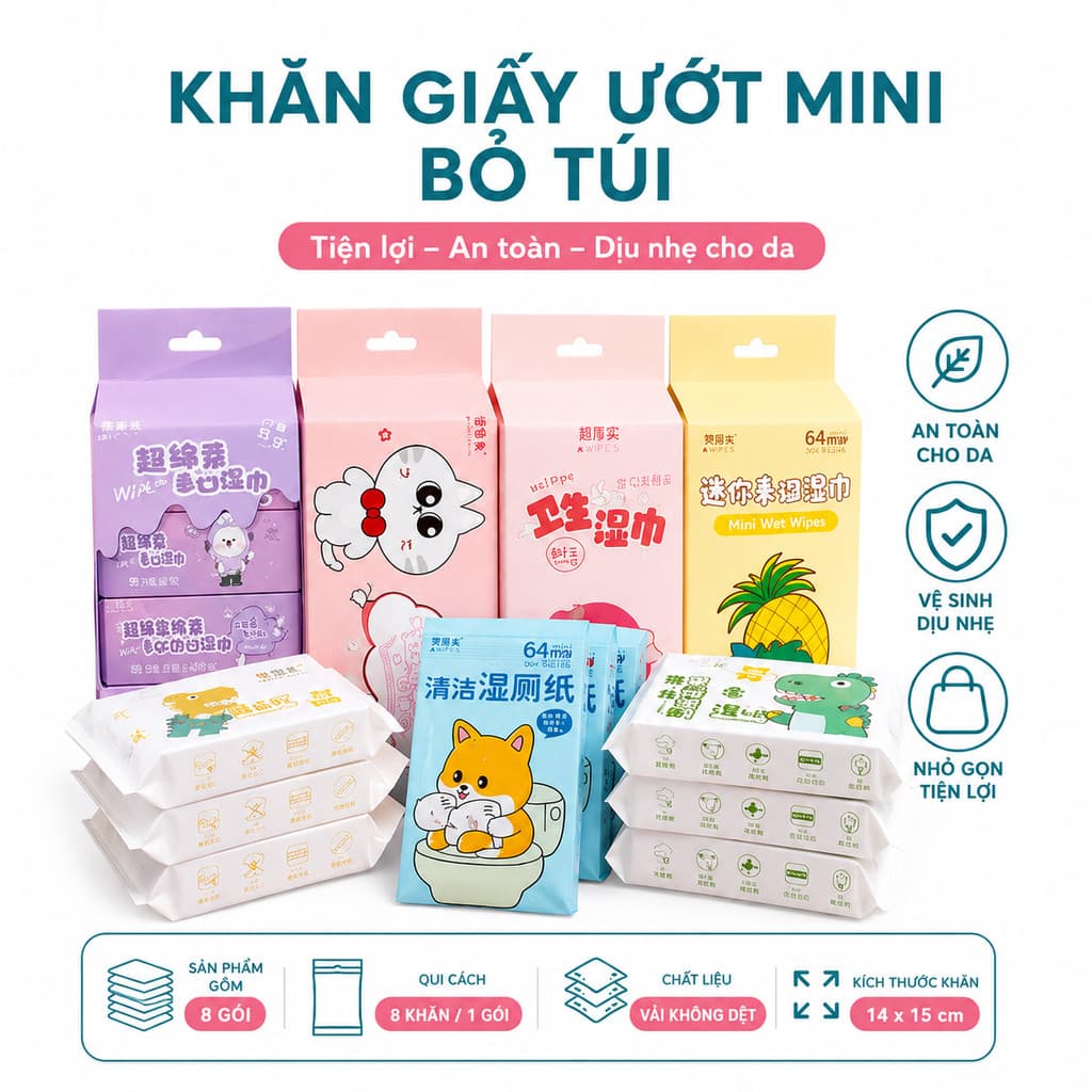 Combo 8 gói khăn ướt mini không mùi – Khăn vải không dệt 14x15 cm, dùng lau tay, mặt, sát khuẩn nhẹ