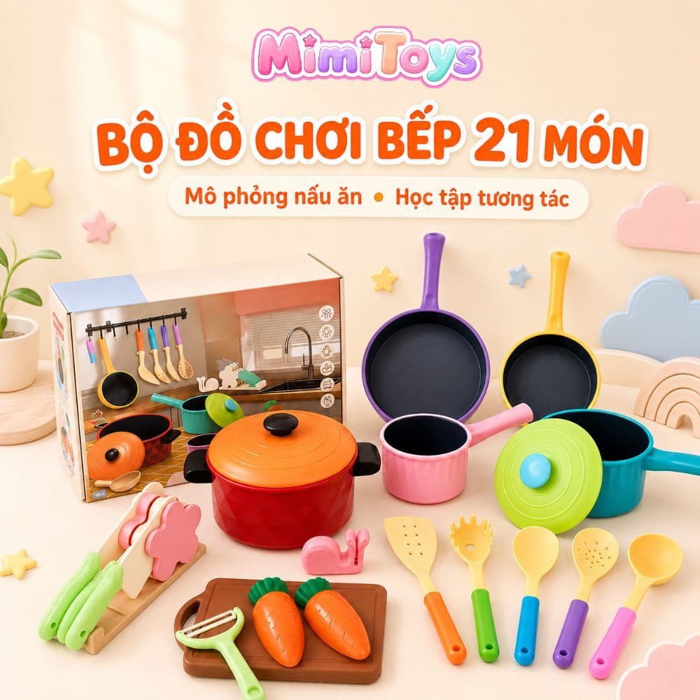 Bộ Bếp Cầu Vồng MimiToys Size Lớn 21 Chi Tiết - Đồ Chơi Nấu Ăn Nhiều Màu Cho Bé Chơi Nhập Vai