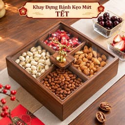 Khay Đựng Bánh Kẹo Mứt Tết 2027 Cao Cấp Chia 4 Ngăn 6 Ngăn Tiện Lợi, Hộp Gỗ Melamine Vân Óc Chó, Nắp Acrylic Chống Bụi 1