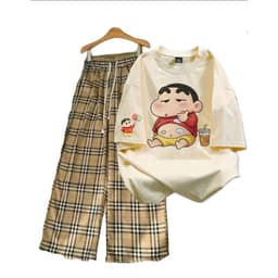 ( size 38-50kg ) Bộ đồ quần kẻ caro vàng dáng dài  + áo phông cotton con kỳ lân-thuhuyen98 1