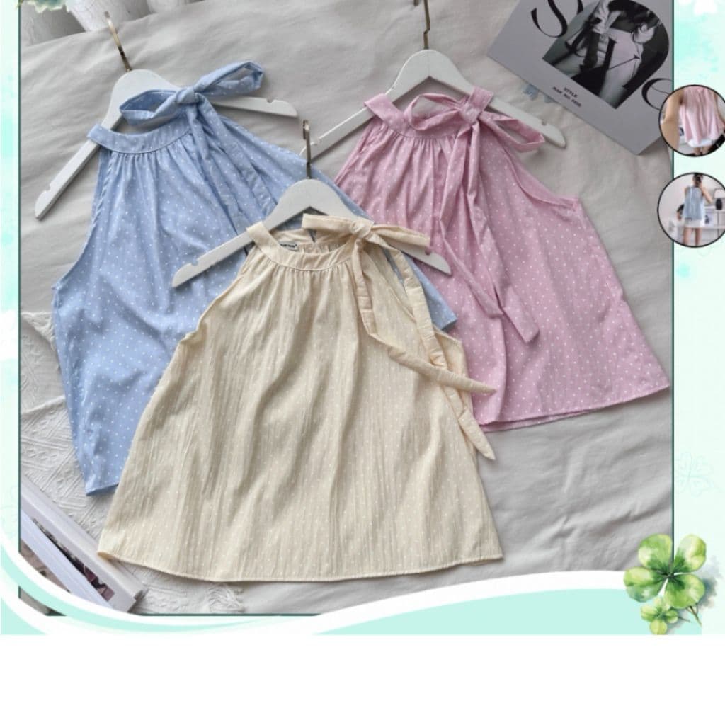 Áo Kiểu Nữ Cổ Yếm Thắt Nơ Hoạ Tiết Chấm Bi Form Rộng Dễ Thương