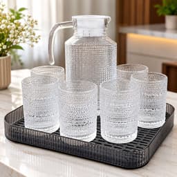 Bộ Bình Cốc Thủy Tinh Họa Tiết Giọt Nước Cao Cấp, Bình Có Quai Cầm Kèm 6 Ly, Kèm Khay Sang Trọng – Bộ Bình Ly Tiếp Khách 1