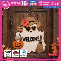 [Hỏa tốc HCM ] Halloween Chào Mừng Dấu Hiệu Cửa Cao 40cm, Phong Cách Mộc Mạc Trắng-Clad Chủ Đề Ma Cửa Treo, Hafu House 1