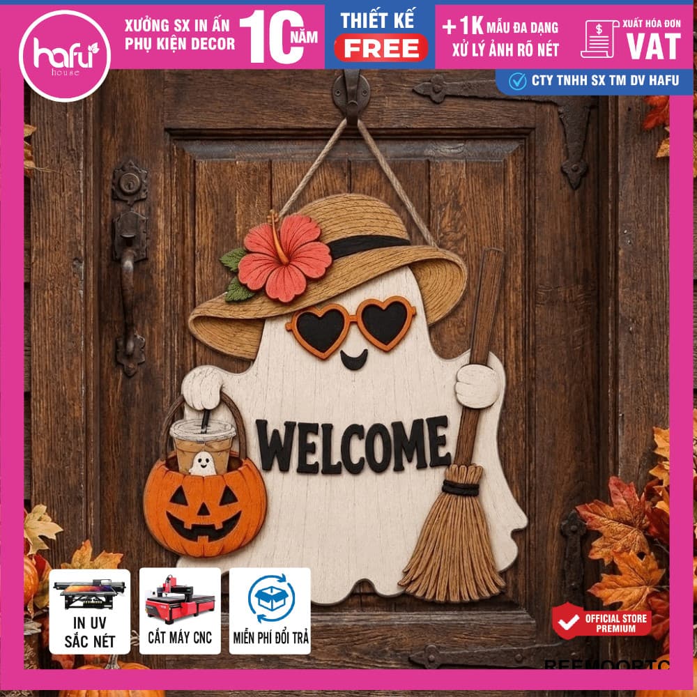 [Hỏa tốc HCM ] Halloween Chào Mừng Dấu Hiệu Cửa Cao 40cm, Phong Cách Mộc Mạc Trắng-Clad Chủ Đề Ma Cửa Treo, Hafu House