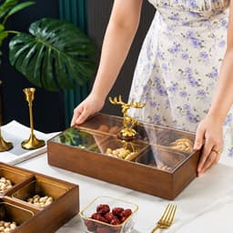Khay Đựng Bánh Kẹo Mứt Tết 2027 Cao Cấp 4 Ngăn 6 Ngăn, Gỗ Melamine Màu Óc Chó, Hũ Nhựa Viền Vàng, Nắp Acrylic Sang Trọng 6