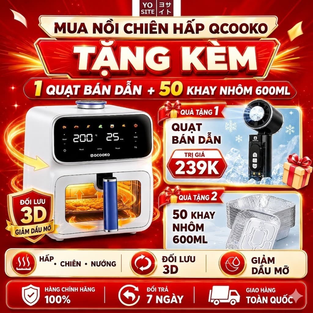 [ĐỜI MỚI NHẤT- BH 18T] Nồi chiên không dầu hơi nước Qcooko cống suất 1500W dung tích 5L, màn hình cảm ứng dễ dàng thao t