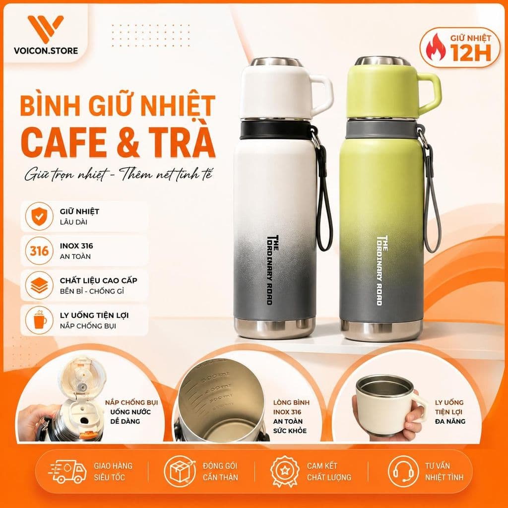 Bình Giữ Nhiệt Inox 316 Cao Cấp 800ml Kèm Nắp Uống Nước & Quai Tay Cầm Tiện Lợi BINHGIUNHIE VINBEO VOICON-[CU22]