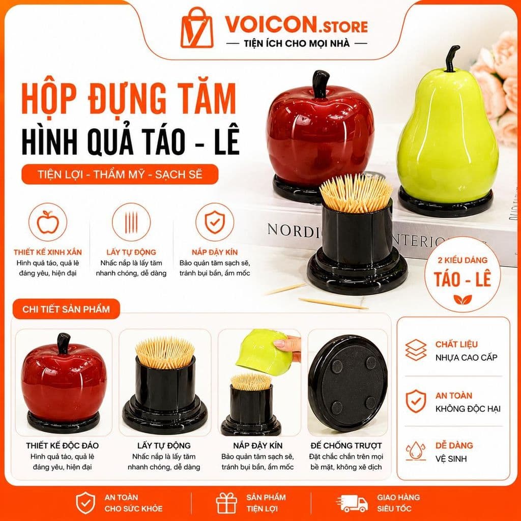 Hộp đựnġ tăm hình quả táo  lê  sáng bóng có nắp đặt bàn decor phòng khách VOICON-[DA72]