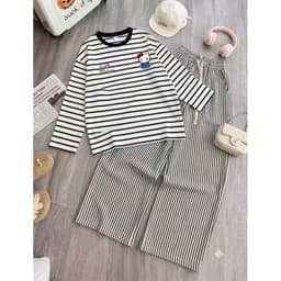 SÉT BỘ QUẦN KẺ VẰN DÁNG DÀI + MIX ÁO KẺ  SỌC NGANG DÀI TAY hình KITY in ngu c 4