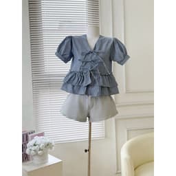 Áo Kiểu Babydoll 2 Tầng Phối Nơ Cột Tay Bồng Kẻ Sọc 9