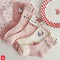 Set 10 Đôi Tất Nữ Họa Tiết Mèo  kitty Dễ Thương- Tất cổ  Cao Hồng Trắng 2