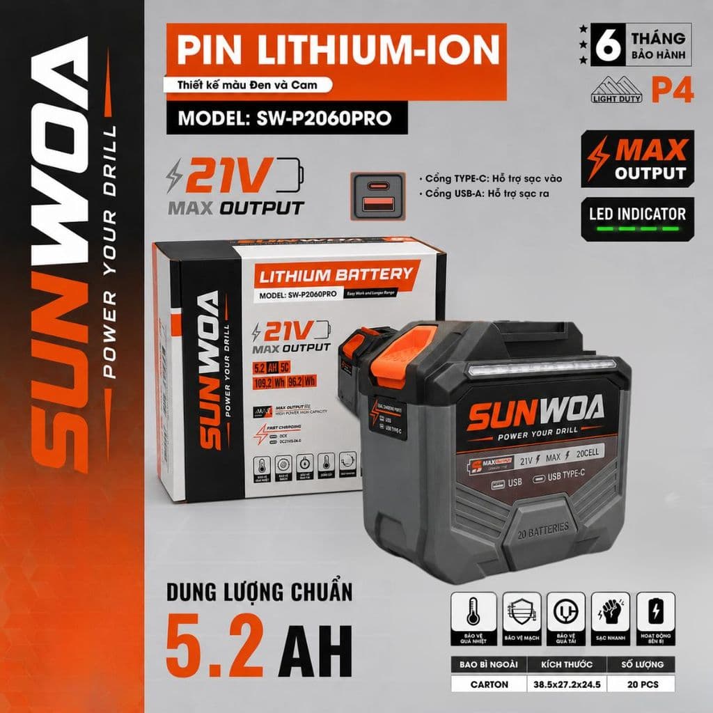 [NEW] Pin 20 Cell SUNWOA SW-P2060PRO – 5.2Ah - 5C, Cổng USB+Type C, Có Đèn Báo Sườn, Chân Pin M21