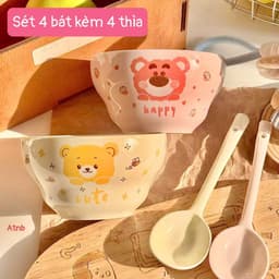 Set 4 Bát Kèm 4 Thìa Hoạ Tiết Gấu Xinh Xỉu kho 6366 2
