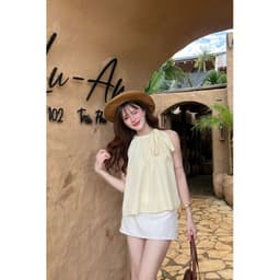 Áo Kiểu Nữ Cổ Yếm Thắt Nơ Hoạ Tiết Chấm Bi Form Rộng Dễ Thương 9