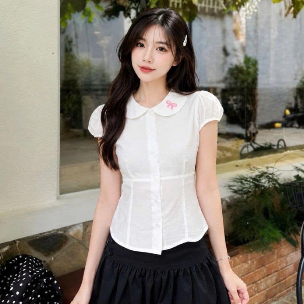 Áo sơ mi cổ bèo dáng ôm tôn dáng cổ in nơ hồng xinh xắn SS036INNO