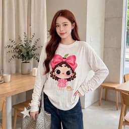 Áo thun giấy cổ tròn dài tay form rộng in hoạ tiết cô gái nơ hồng xinh  TG NTO58 7 5