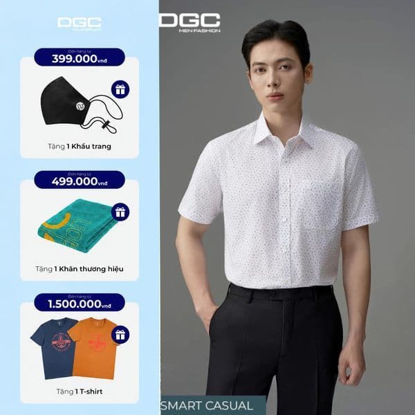 Áo Sơ Mi Ngắn Tay DGC Họa Tiết Ghi Xanh Dáng Suông Vạt Bằng - SASNBF09M
