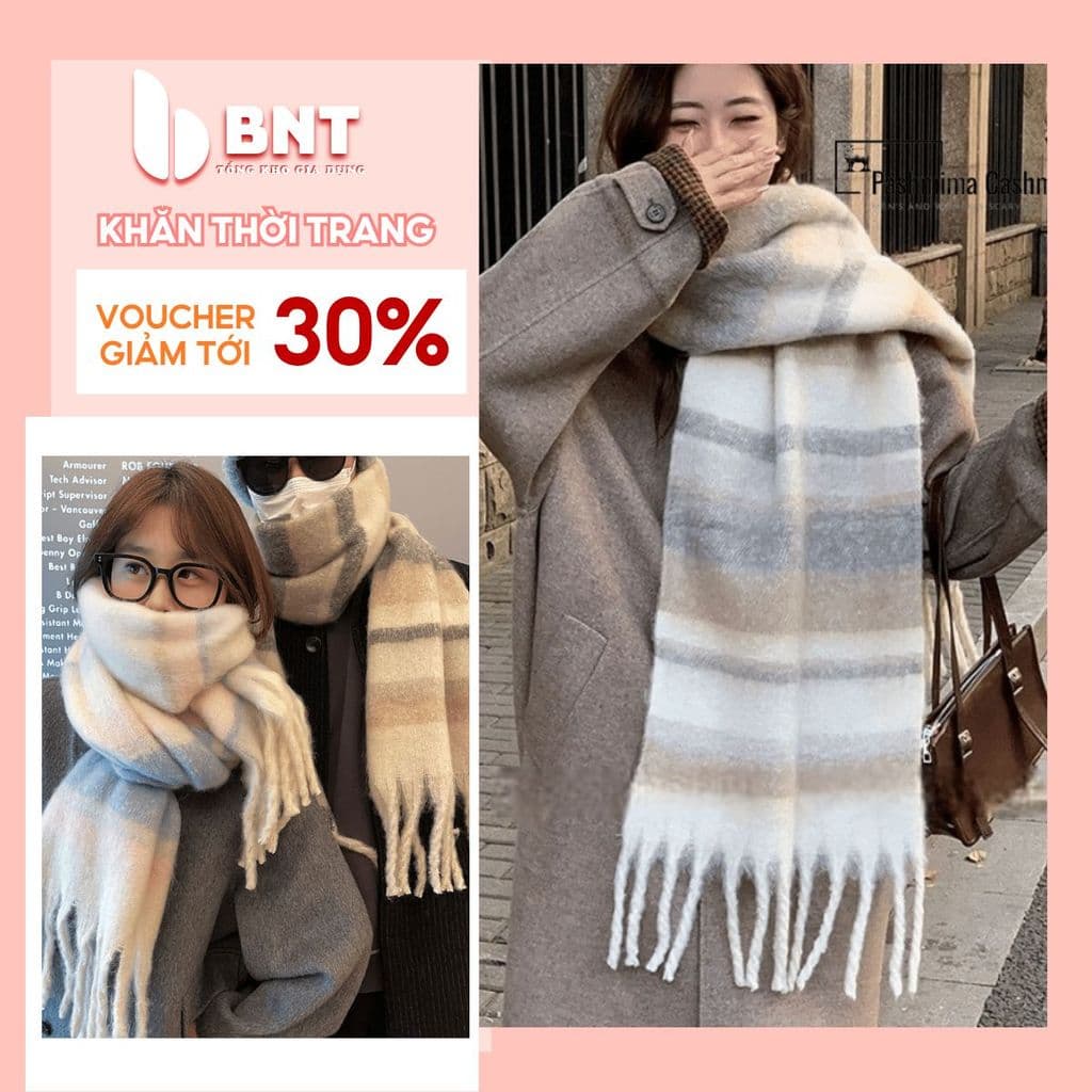 Khăn quàng cổ len mềm mại, kẻ caro xám nhạt, ấm áp, phong cách Vintage Hàn Quốc BNT01