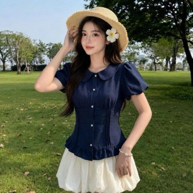 Áo sơ mi kiểu cổ bèo xinh xắn xếp ly eo có dây buộc dáng ôm xinh AD38 