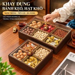 Khay Đựng Bánh Kẹo Mứt Tết 2027 Cao Cấp 4 Ngăn 6 Ngăn, Gỗ Melamine Màu Óc Chó, Hũ Nhựa Viền Vàng, Nắp Acrylic Sang Trọng 1