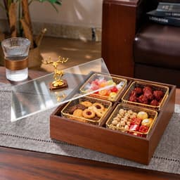 Khay Đựng Bánh Kẹo, Mứt, Hạt Tết Mẫu Mới 2027 Bằng Gỗ MDF ,Tiện Lợi Nhiều Ngăn Nắp Mica Kèm Hũ Nhựa Viền Vàng Sang Trọng 2