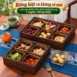 Khay đựng bánh kẹo nhiều ngăn đa năng, gỗ Melamine màu Óc Chó Hộp Đựng Mứt Tết Bánh Kẹo 6 Ngăn Kèm 6 Hũ Nhựa Viền Vàng 2