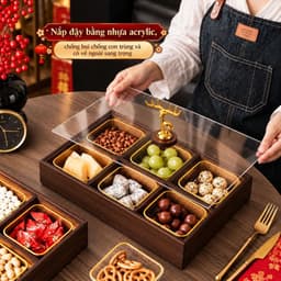 Khay đựng bánh kẹo, mứt Tết, hạt chia ngăn riêng biệt bằng  Gỗ phủ Melamine cao cấp có nắp đậy Tết sum vầy 4