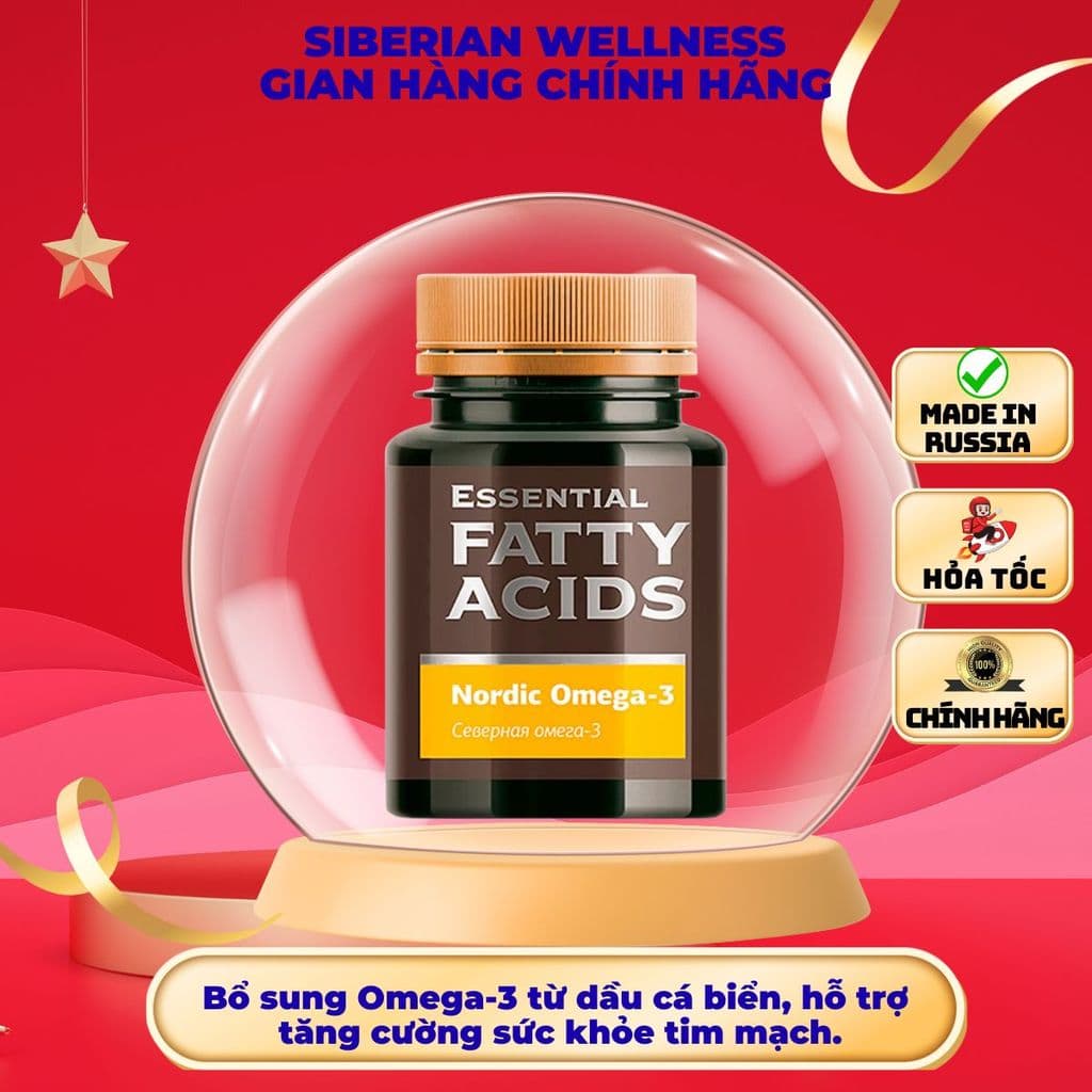 Thực phẩm Siberian Wellness Nordic Omega-3, thực phẩm bổ sung omega-3 cho sức khỏe, chai 60 viên."