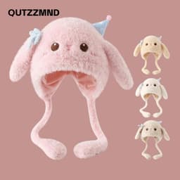 QUTZZMND Mũ Dệt Kim, Bảo Vệ Tai Bò Sang Trọng Chống Gió, Lót Dày Dễ Thương Thỏ Dài Tai Mùa Đông Ấm Áp Hoạt Hình Mũ Chui Đầu Cho Trẻ Em 1