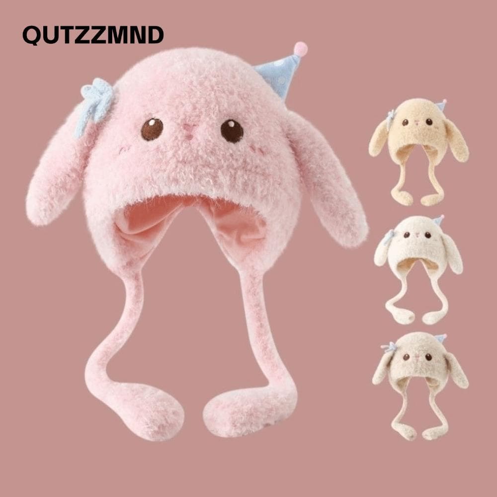 QUTZZMND Mũ Dệt Kim, Bảo Vệ Tai Bò Sang Trọng Chống Gió, Lót Dày Dễ Thương Thỏ Dài Tai Mùa Đông Ấm Áp Hoạt Hình Mũ Chui Đầu Cho Trẻ Em