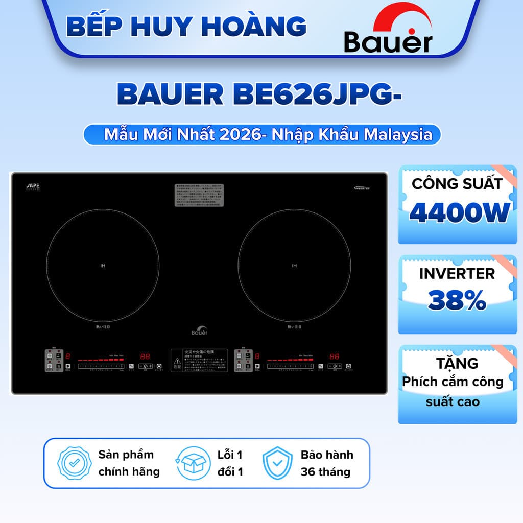 Bếp từ đôi Bauer BE626JPG | New model 2026 | Nhập khẩu Malaysia | Măt kính Nhật chống xước | BH 3 năm
