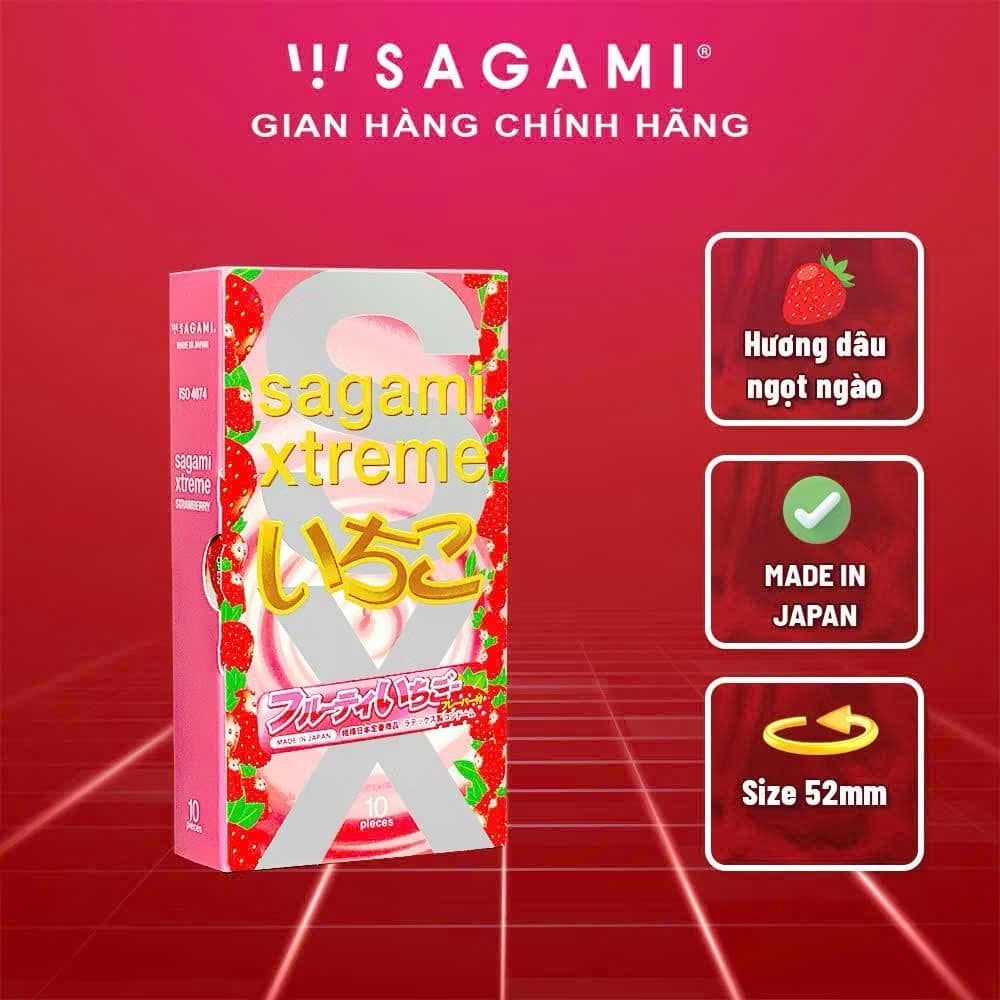 Bao cao su siêu mỏng Sagami Strawberry hương dâu bcs kéo dài thời gian Hộp 10c OiO