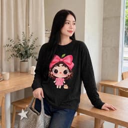 Áo thun giấy cổ tròn dài tay form rộng in hoạ tiết cô gái nơ hồng xinh  TG NTO58 7 8