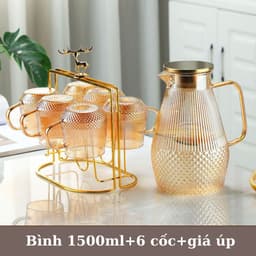 Bộ Bình Cốc Thủy Tinh Chịu Nhiệt Kèm Khay & Giá Úp – Bình 1.5L + 6 Cốc 280ml Có Quai, Bộ Bình Nước Sang Trọng Gia Đình 4