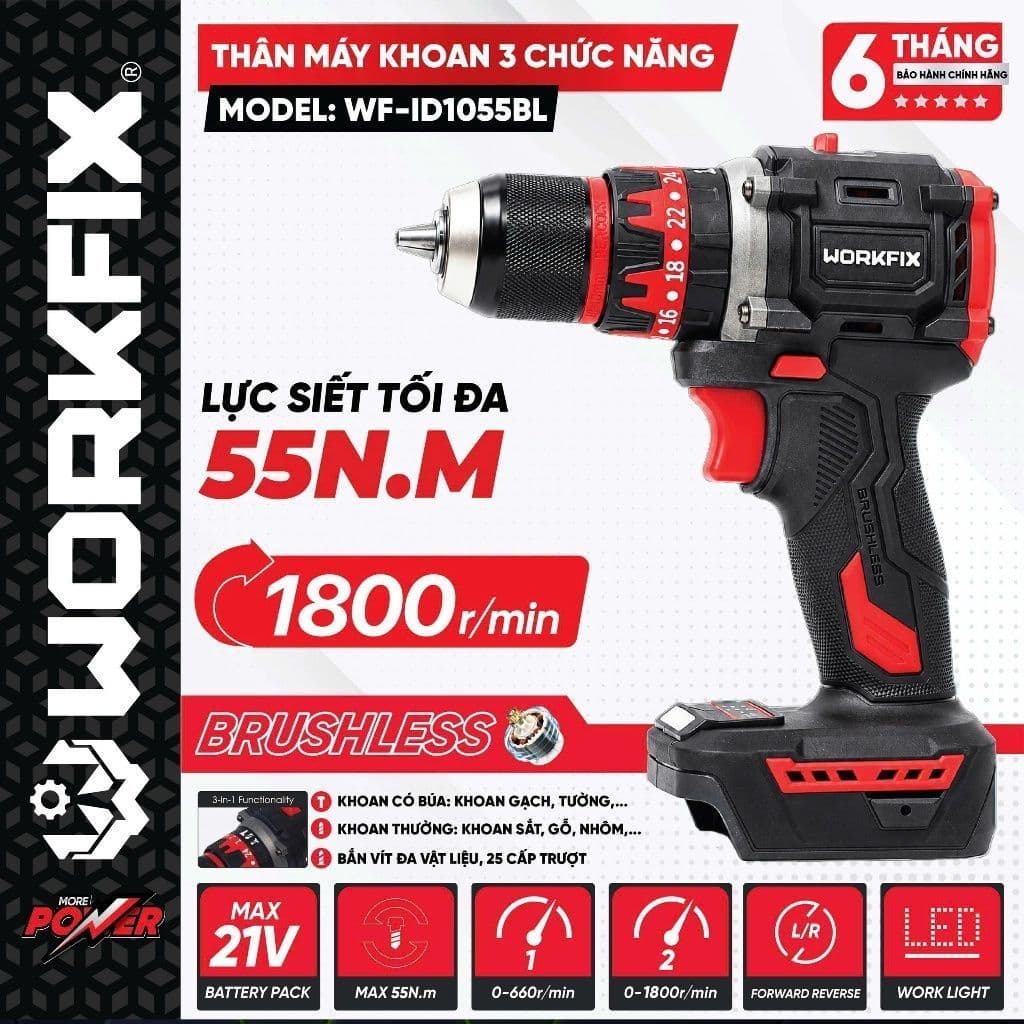 Máy Khoan Pin 3 Chức Năng WORKFIX WF-ID1055BL Không Chổi Than, Lực Siết 55N.m Khoan Tường - Bắn Vít