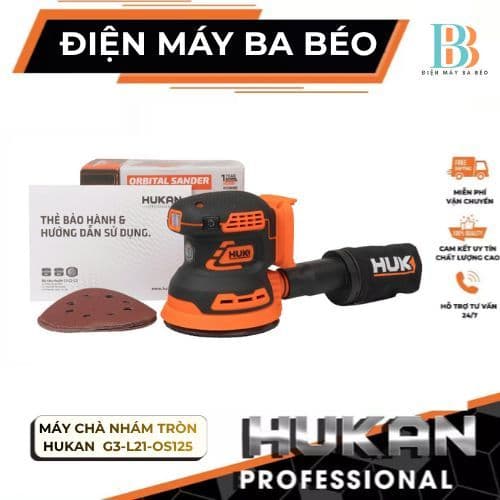 Máy Chà Nhám Tròn Dùng Pin HUKAN G3-L21-OS125, 3 Tốc Độ, Đường Kính 125mm - Tặng Bộ Giấy Nhám
