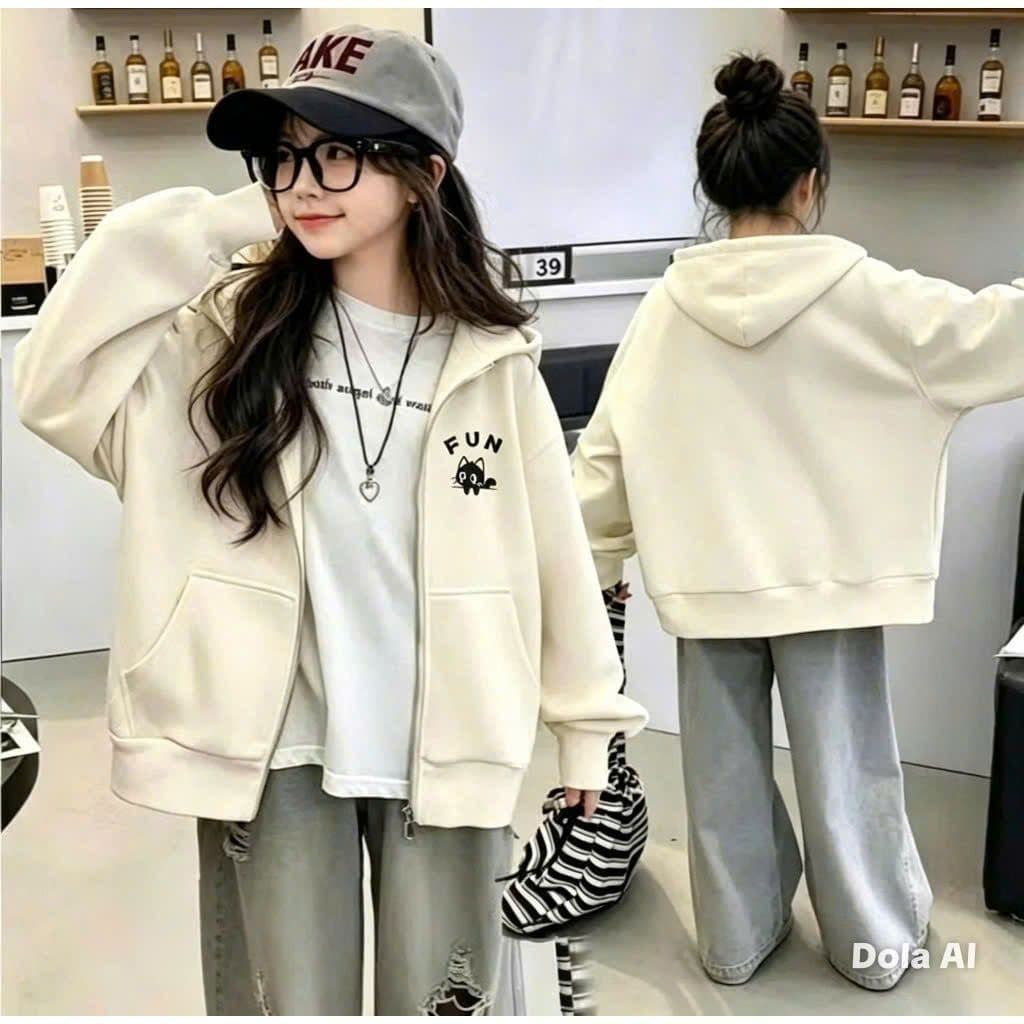 Áo khoác hoodie zip freesize mũ to 2 lớp, tay xỏ ngón, gồm 2 túi, áo chống nắng 38 -50KG -FUN FUN siêu xinh