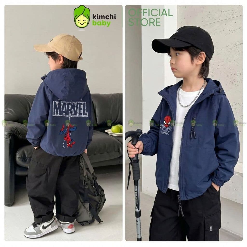 [9-37KG] Áo khoác gió cao cấp bé trai cản gió trượt nước KIMCHIBABY họa tiết Siêu Anh hùng, Áo gió bé trai cao cấp 2 lớp