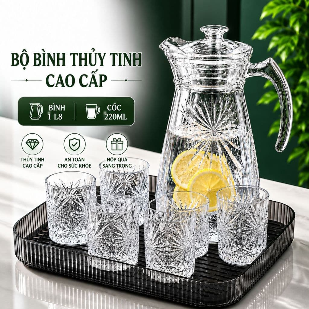[ HANA] Bộ Bình Cốc Thuỷ Tinh Chịu Nhiệt Họa Tiết Hoa Kim Cương Kèm 6 Cốc Nước Màu Trắng Dung Tích 1800ml