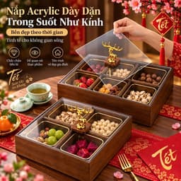 Hộp Mứt Tết 2027 Gỗ Vân Óc Chó Cao Cấp, Khay Bánh Kẹo 4 Ngăn 6 Ngăn Có Hũ Chống Ẩm, Nắp Acrylic Trong Suốt Đẹp Sang 2