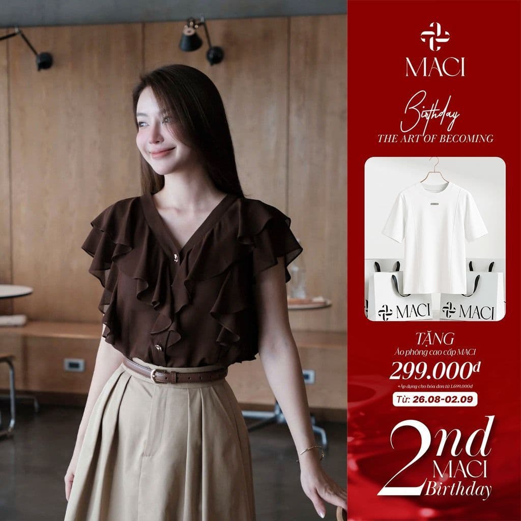 Áo Sơ Mi Nhún Bèo Nâu Choco Chất Chiffon Hàn MACI MCASMNA0396 Thời Trang Nữ Thiết Kế Độc Quyền