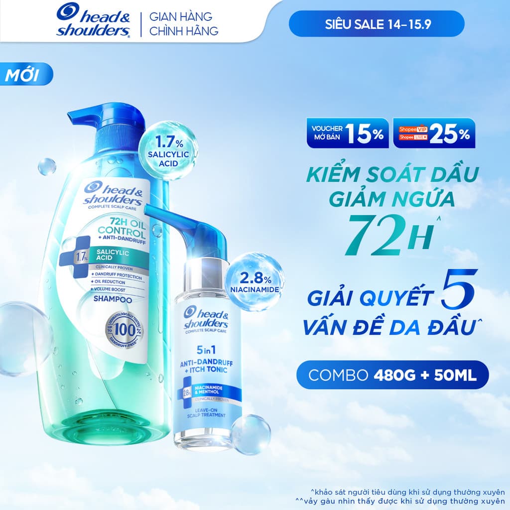[KOL] Combo Dầu Gội Kiềm Dầu/ Giảm Ngứa 72 GIỜ Và Xịt Dưỡng 5 TRONG 1 HEAD & SHOULDERS Làm Sạch Gàu Vượt Trội 480g+50ml