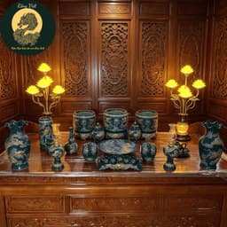 (FULL SET) Bộ đồ thờ men vàng Rồng Việt, gốm sứ Rồng phượng cho bàn thờ đa kích thước. 1