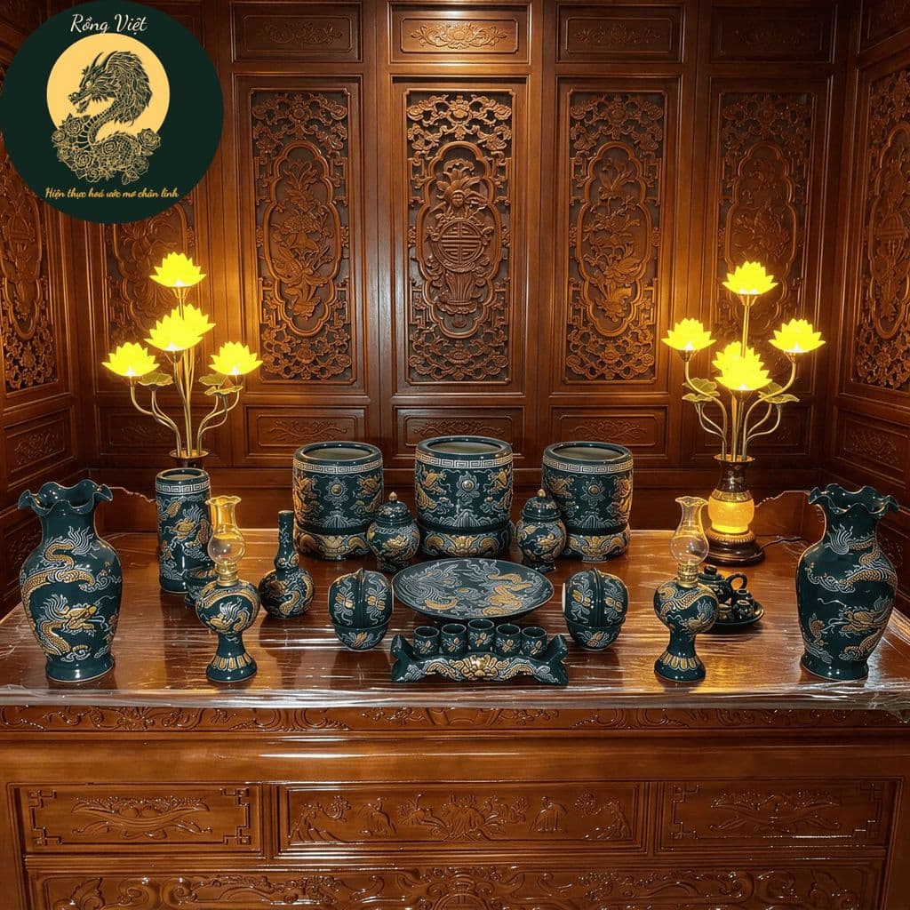 (FULL SET) Bộ đồ thờ men vàng Rồng Việt, gốm sứ Rồng phượng cho bàn thờ đa kích thước.