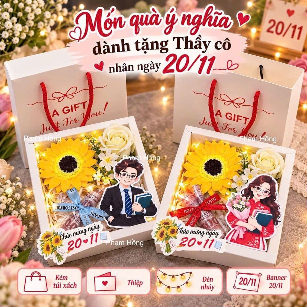 (Tặng đèn và thiệp) Set Hoa 20-11 tặng thầy cô Kèm ống phôi đựng tiền tặng Thầy Cô - Quà Tặng ý nghĩa hoa cúc tri ân