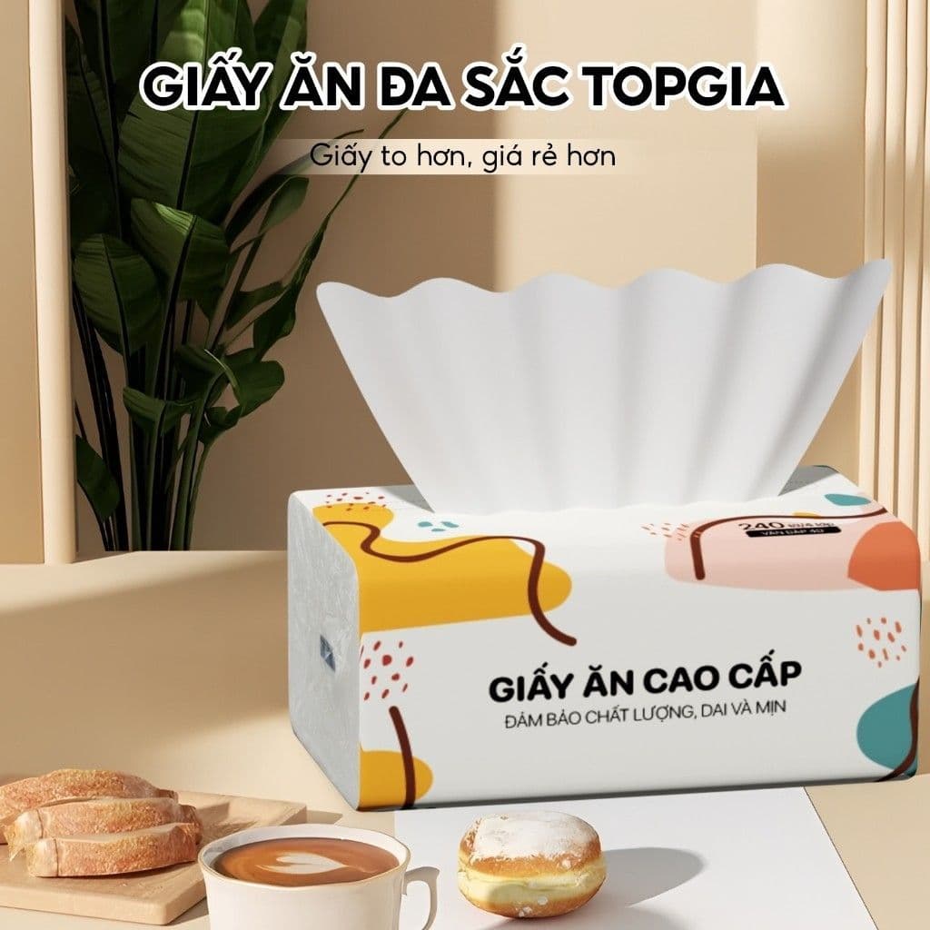 Giấy Ăn Rút TopGia Đa Sắc Cao Cấp 240 Tờ 4 Lớp – Dập Vân 4D, Mềm Mịn, Thấm Hút Tốt, An Toàn Cho Gia Đình